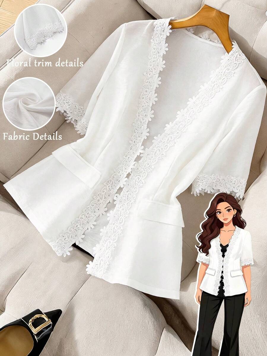 GlowEve CURVE Plus Size Women's Fashion Decorative Lace Short Sleeve Elegant Blazer - White - View 1