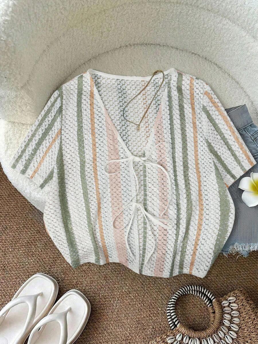 SHEIN LUNE 大尺碼女款夏季休閒熱帶波希米亞風白色前綁帶上衣 度假正式款 - 彩色 - 查看 1