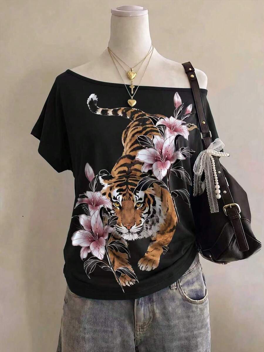Lalippa 女款虎紋與花卉印花不對稱單肩休閒日常夏季T恤 - 黑色 - 查看 1