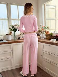 Snug Reverie Solid Color Ice Silk Patchwork Lace Romantic Cute Kawaii Tie Long Sleeve Long Pants Women's Loungewear Set Lounge Sleep Light Pink Autumn - Pink - View 2