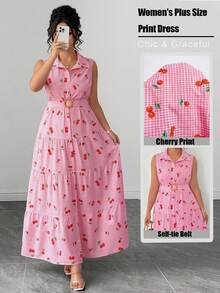 Elenzga elegantes süßes Blumen-Allover-Kirschmuster ärmelloses Hemdkragen einreihiges großes A-Linien-Kleid in Große Größen, schlankmachendes mehrschichtiges Patchwork-Kuchenrock-Design, geeignet für tägliches Pendeln, Ausflüge, Urlaub, Party, Date, Reisen - Pink - Übersicht 5