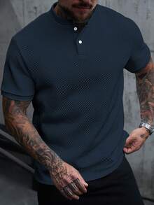 Manfinity Homme 男士立領 Polo 衫，針織提花面料，休閒日常穿著，時尚百搭風格 - 藏蓝色 - 查看 4