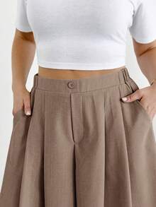 Shapeblank Plus Size Women Solid Color High Waist Pocket Pleated Wide Leg Shorts - Mocha Brown - View 6