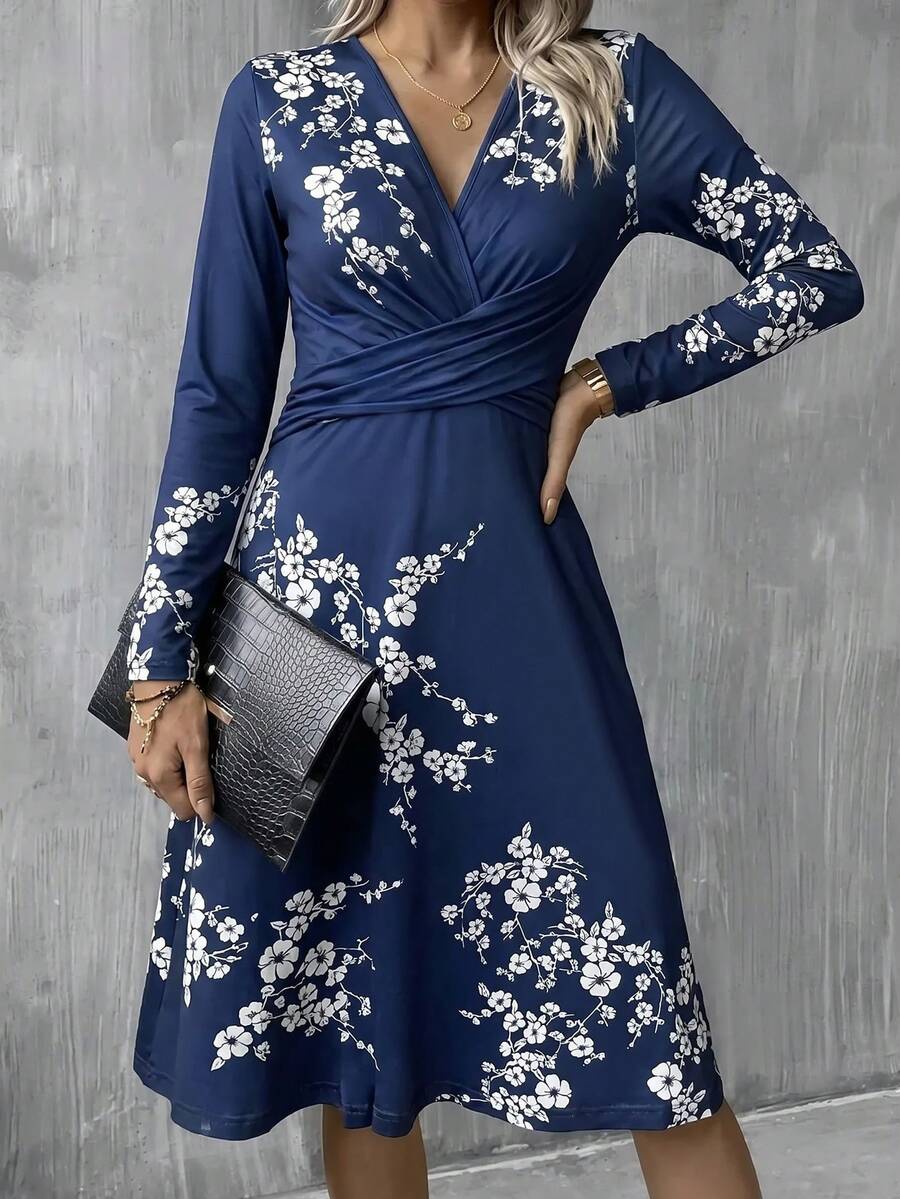 SHEIN Clasi V-Neck Waist Twist Knot Plum Blossom Print A-Line Dress - Teal Blue - View 1