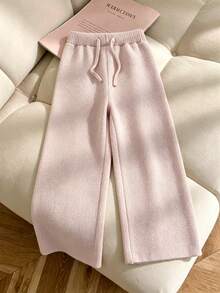 SHEIN Young Girls Sweaters Pants Wide Leg Straight Leg Comfortable Soft Versatile Solid Color Pink Autumn Winter Casual Princess Baby Shower - Khaki - View 1