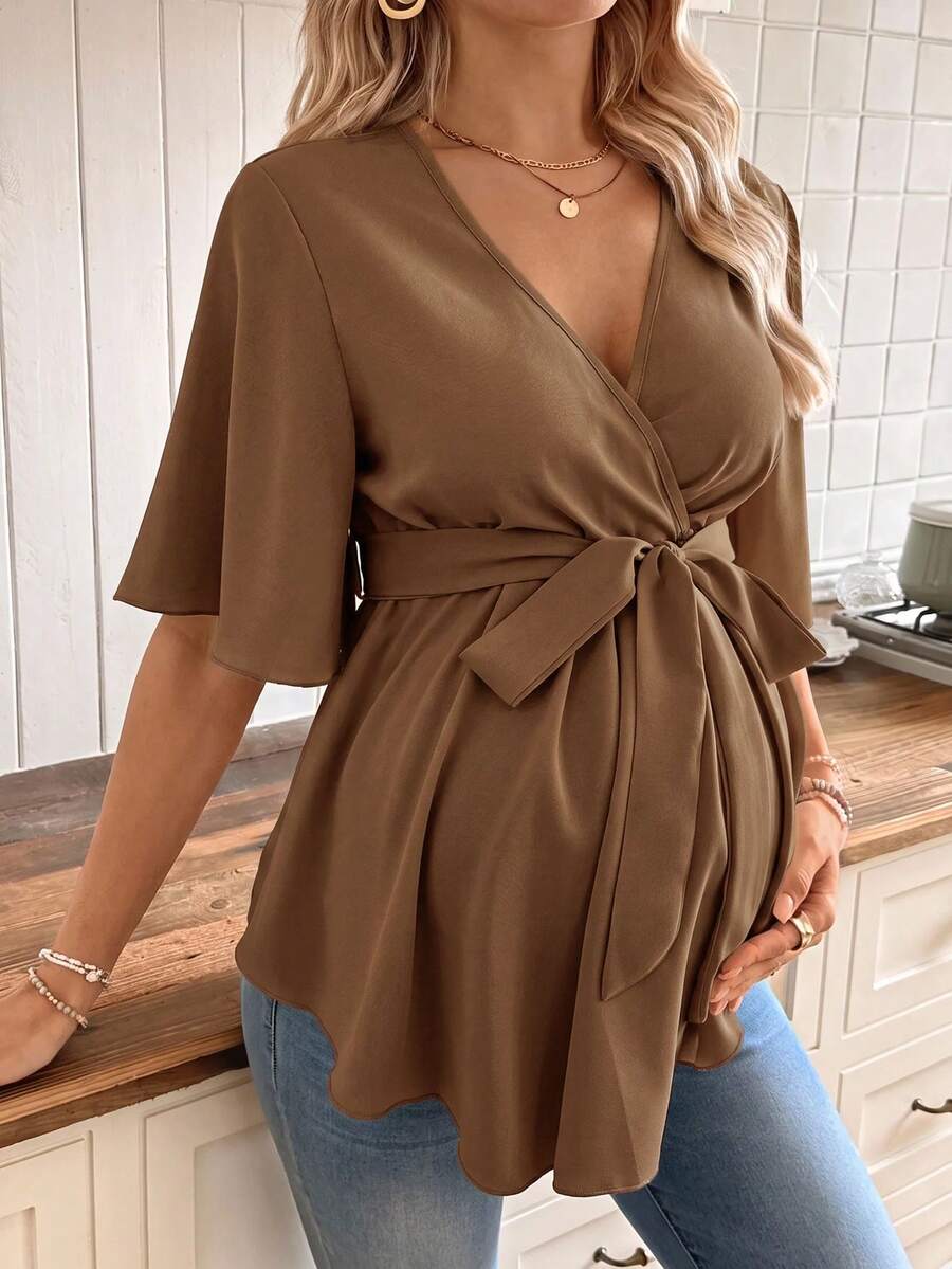 SHEIN V-Neck Ruffle Maternity Blouse With Belt - Rust Brown - View 1
