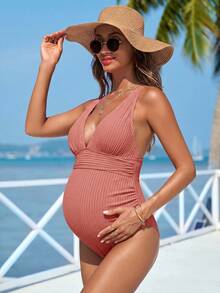 Swim Vcay 孕婦純色連身泳衣，適合海灘度假 - 藕粉色 - 查看 4