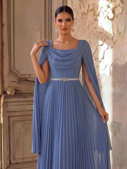 Aureia Elegant Blue Round Neck Minimalist Chiffon Pleated Maxi Dress With Extra-Long Flutter Sleeves Detachable Silver Waist Belt Oversized A-Line Skirt