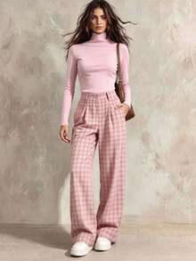 SHEIN Franclia 秋冬新品系列：复古棕色高领亲肤长袖打底衫+英伦格纹常规腰直筒裤两件套，女士时尚通勤装，显瘦又优雅 - 粉色 - 查看 1