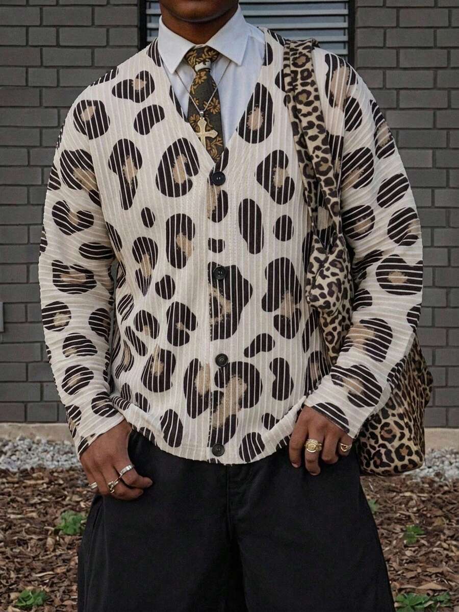 Manfinity CasualKnits 男士V領開胸長袖圖案印花針織衫，秋冬新款 - 杏色 - 查看 1