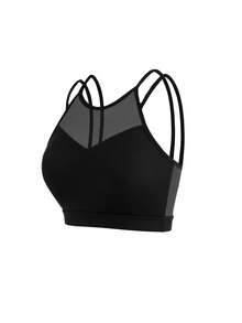 SHEIN Cheerettes Women's Mesh Patchwork Sports Bra Black Strappy With Removable Pads Supportive Lift Breathable For Gym Yoga Workout Summer Sporty Sexy Athleisure - Black - View 5