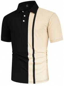 Manfinity Homme Camisa polo de trabajo y casual con bloqueo de color y botón de cuarto para hombre, regalo para el novio - Negro - Ver 5
