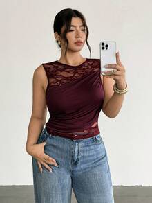 Firerie Große Größen Lila-Rot Rundhals Ärmellos Hoch-elastisch Spitze Patchwork 2 in 1 Tanktop / Geraffte Taille Schlankmachend Elegant für den Arbeitsweg - Rot-violett - Übersicht 5