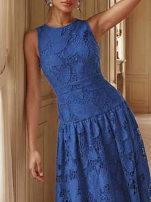 Anewsta Elegantes Damen-Partykleid mit Rundhalsausschnitt, ärmellos, tailliert, mit vollem Rock und langer wasserlöslicher Spitze - marineblau - Übersicht 5