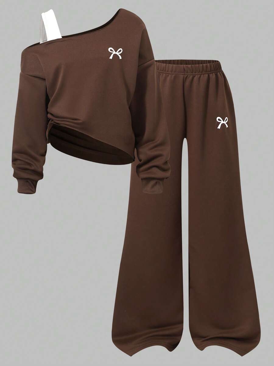 SHEIN 青少年女孩秋冬套裝,不對稱肩帶拼接不對稱領口短版上衣,深棕色校園運動休閒風 - 棕色 - 查看 1