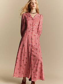 SHEIN Women's Elegant Red Plaid Print Long Sleeve Full Skirt Button Dress - Red - View 6