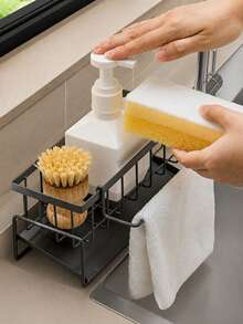 1PC Multi-Grid Sink Sponge Storage Rack With Towel Bar, Rustproof Metal Kitchen Sink Caddy Organizer, Drainable Countertop Holder For Dish Sponge Scrubber Steel Wool Soap, Space-Saving Kitchen Accessory For Sink Counter Tidying - one size fits all - View 3