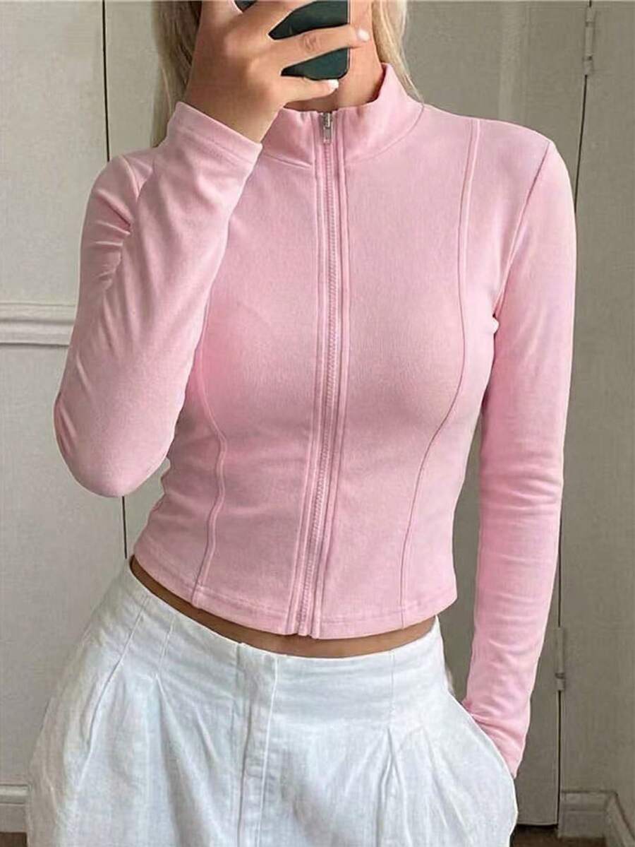SHEIN Teen Girl Solid Color 3D Bone Line Stand Collar Zipper Front Slim Fit Long Sleeve Jacket,Random 1pc Sent - Pink - View 1