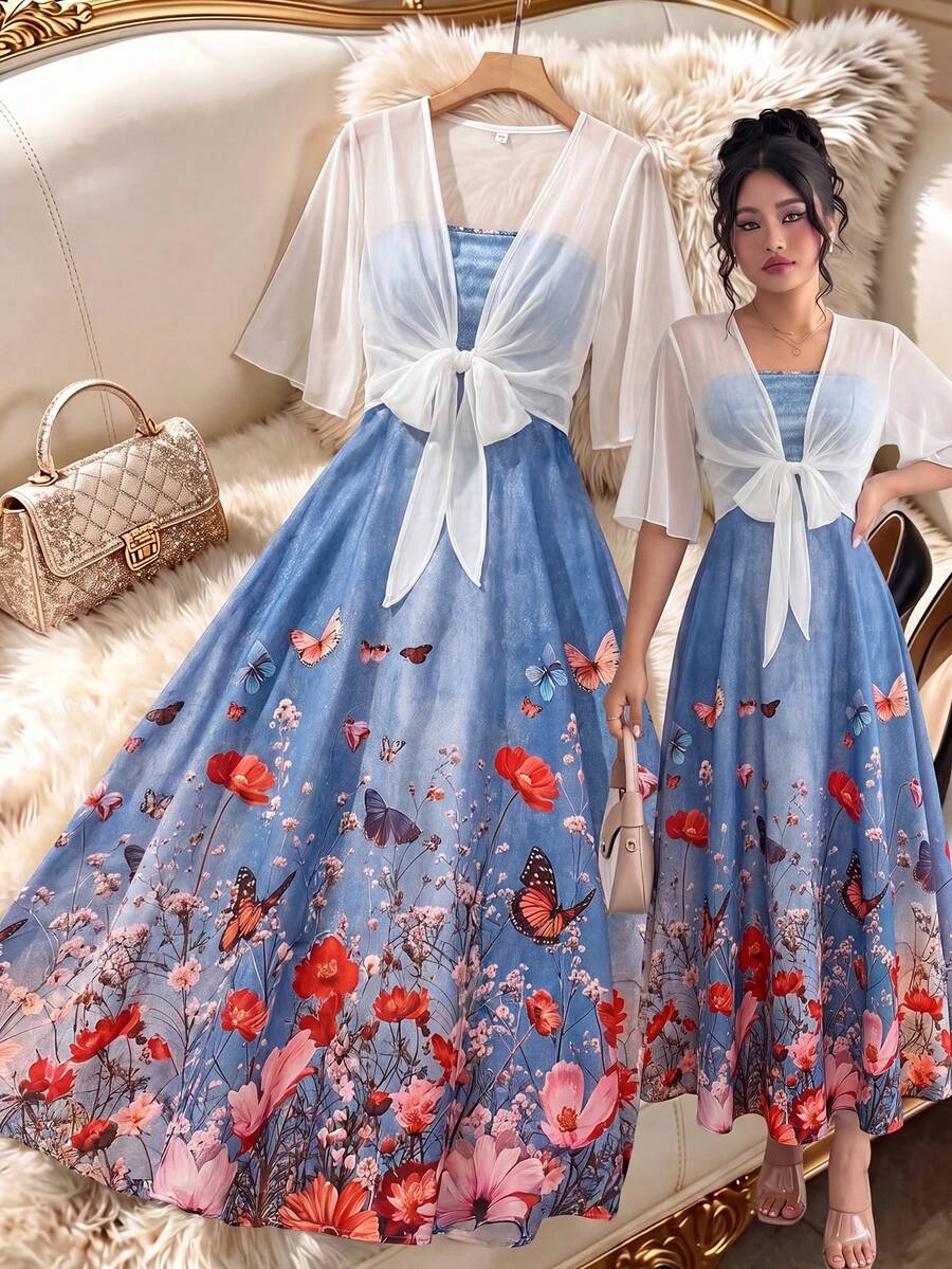 Elenzga Plus Size Women's Fashion Summer Floral Chiffon Dress & Jacket Elegant 2-Piece Set Fall - Multicolor - View 1