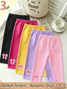 (5 piezas aleatorias, se envían 3 piezas) Leggings básicos de color para niña bebé con estampado de lazo de cinta rosa, pantalones de uso diario para primavera, verano, otoño e invierno - Multicolor - Ver 6