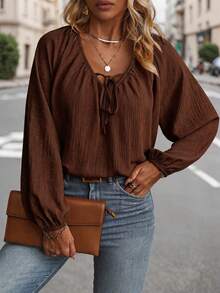 EMERY ROSE Plus Size Women's Solid Color Pleated Casual Versatile Everyday Blouse - Brown - View 3