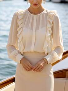 Balvessa Women's Apricot French Ruffle Chiffon Blouse, Lightweight Sheer Lantern Sleeve Top, Commute Vacation Gentle Style Versatile Shirt - Apricot - View 4