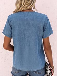 SHEIN Middle-Aged Women's Denim Effect Print Ruffle Trim Blouse - Blue - View 2