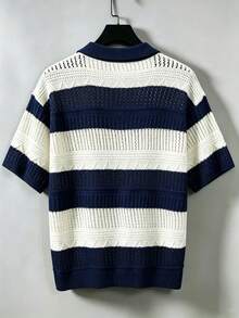 Manfinity LEGND Men's Contrast Color Striped Hollow Knit Top - Navy Blue - View 2