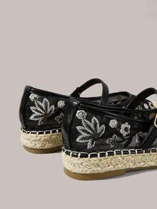 Styleloop 春夏黑色網布刺繡花卉女款平底瑪麗珍鞋，適合戶外度假旅行海灘，透氣 - 黑色 - 查看 6