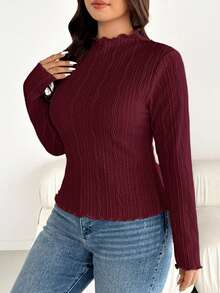 SHEIN Essnce تي شيرت خريف كاجوال بمقاس كبير لون موحد نسيج طويل الأكمام - عنابي اللون - مشاهدة 5