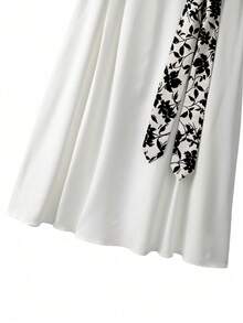 SHEIN CURVE+ Plus Size Women's White Summer Elegant Tea Party Commuter A-Line Skirt With Bow Tie Waist, Design Suitable For Workplace,Daily Wear, Fall - White - View 3