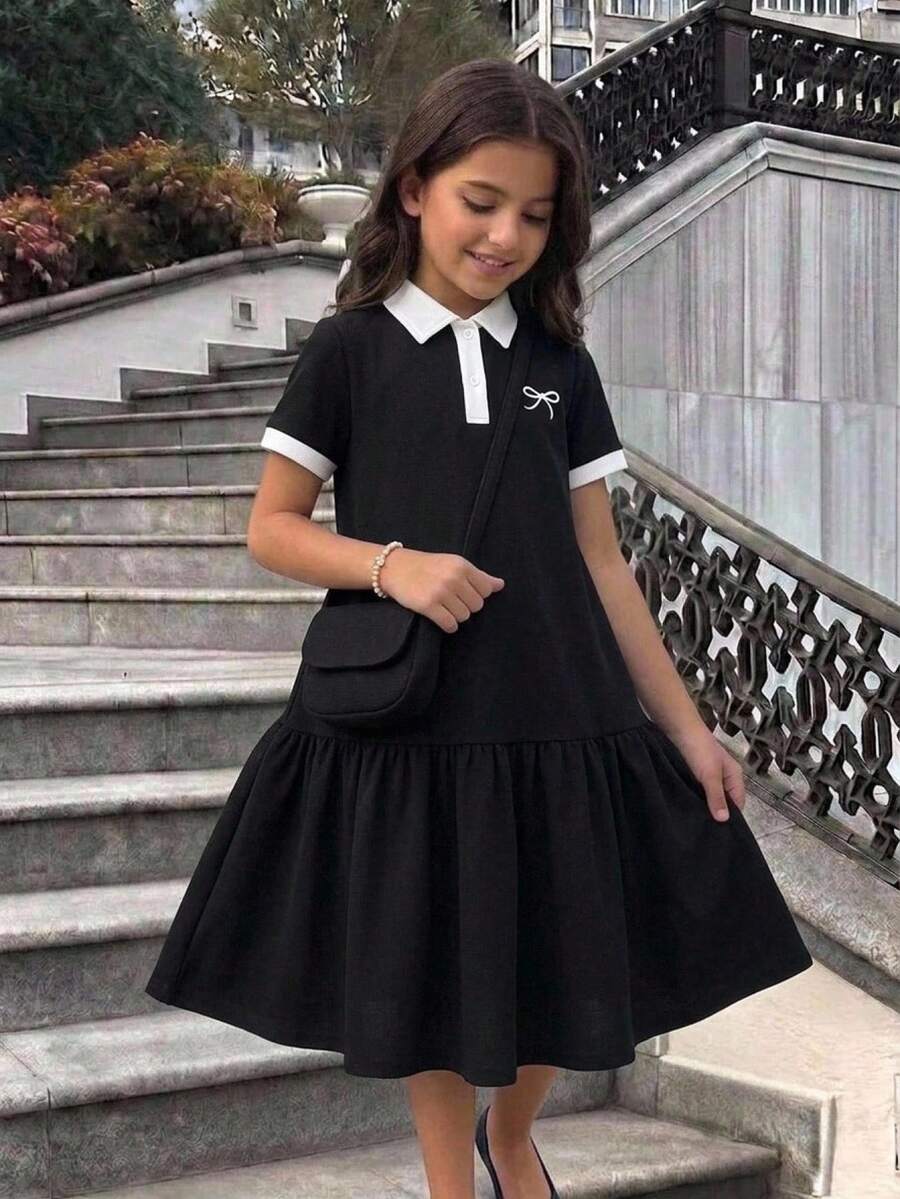SHEIN Tween Girl Tween Girl Casual Daily Versatile Comfortable Collared Patchwork Contrast Color Polo Dress - Black - View 1