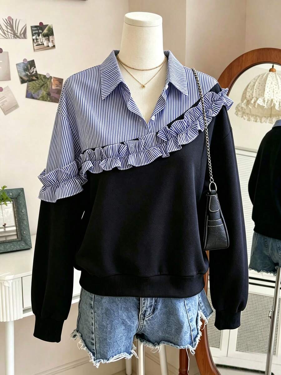 GlowEve CURVE Plus Size Striped Patchwork Ruffle Design Casual Fashion Long Sleeve Shirt 2 In 1 Sweatshirt For Home And Commute Fall - Black - View 1