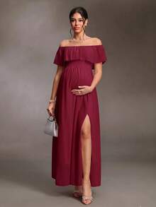 Cheriluna Maternity Elegant Off-Shoulder Ruffle Sleeve Side Slit A-Line Chiffon Maternity Dress - Burgundy - View 5