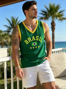 Manfinity Dauomo Men's Casual Vacation Letter Print Colorblock Tank Top Beach - Green - View 5
