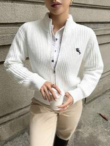 Franclia Women's Basic Minimalist Fashion Embroidered Collar Sweater, Stylish Cardigan - White - View 3