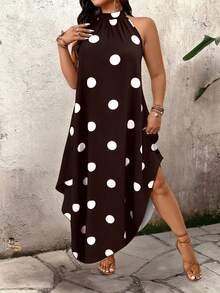 Breezaya Vestido casual elegante de verano para mujer talla grande con cuello con cremallera, sin mangas y estampado de lunares - Café integral - Ver 6