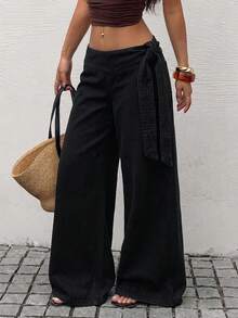 Rivivi Fashionable Tie-Up Washed Denim Wide Leg Pants - Black - View 4