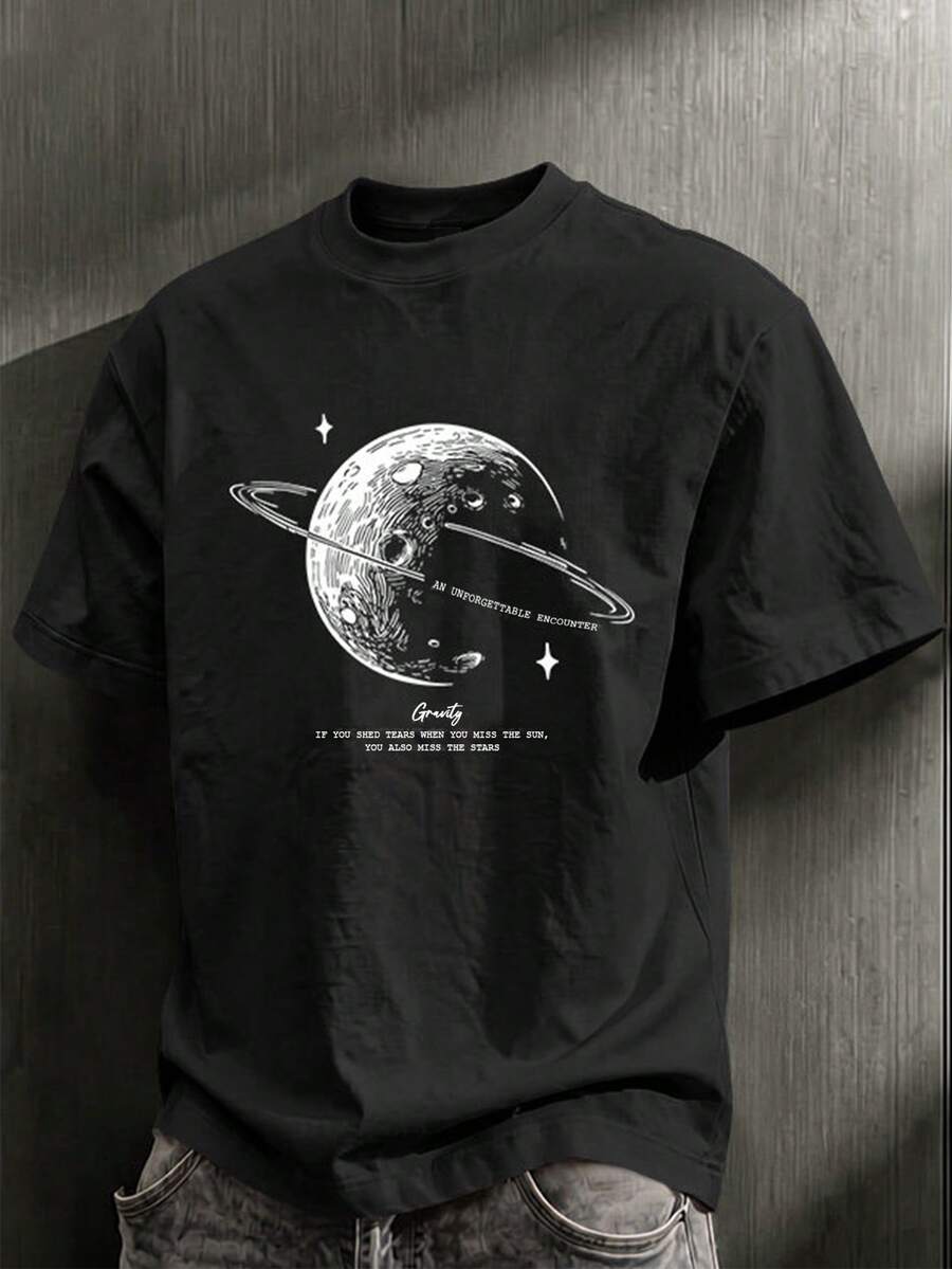 IslaSuriya 男士寬鬆版型短袖T恤,黑色宇宙星空印花圖案,休閒百搭,返校季,日常穿著,戶外風格 - 黑色 - 查看 1