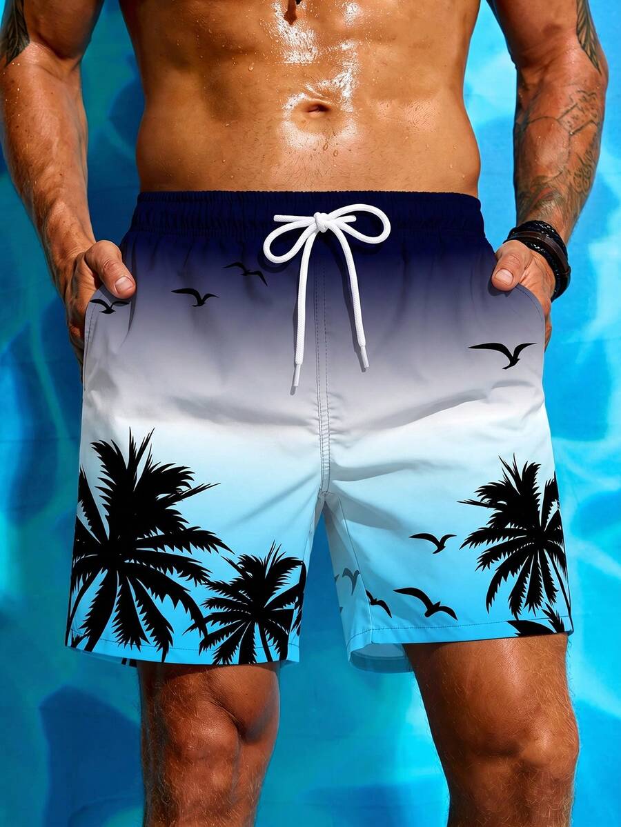 Manfinity KASUA Men's Vacation Coconut Tree Print Drawstring Waist Pocket Beach Shorts - Blue and White - View 1