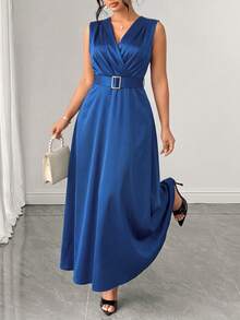 Elenzga Plus Size Women's Summer Satin Sleeveless Dress, Deep Teal V-Neck Cinched Waist With Metal Belt, Fitted Elastic Glossy Satin With Metal Buckle, Mermaid Midi Dress, Elegant Fashionable Party Evening Gown - Royal Blue - View 1