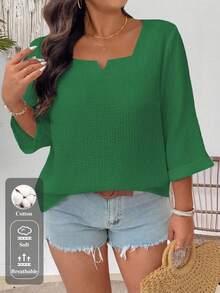 EMERY ROSE Plus Size Women's Solid Color 3/4 Sleeve Loose Casual Shirt - Green - View 1