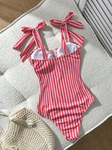 Swim Lushoire 女款一件式條紋隨機印花性感鏤空V領夏季泳衣 - 紅色 - 查看 3