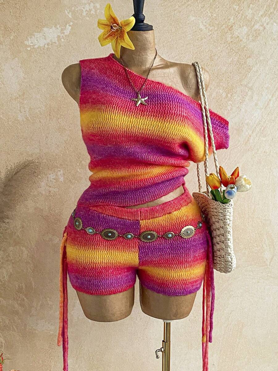 Soleia Women's Plus Size Gradient Color Asymmetric Shoulder Top And Shorts Casual Daily Knit Set Vacation Beach Vacation Pink Summer - Multicolor - View 1