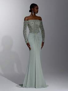 Elitara Elegant Luxurious Glamorous Elastic Lace Embroidered Off-Shoulder Ruffled Sheer Sleeve Beaded Rhinestone Patchwork Elastic Knit Mesh Ruched Mermaid Skirt Suitable For Wedding Events Bachelor Party Vacation Dance Party Holiday Gathering Music Festival Graduation Season Evening Dress - Coffee Brown - View 5