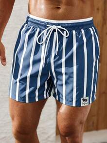 Palasendo Pantalones cortos de playa con rayas de color contrastante para hombre - Neblina azul - Ver 3