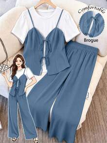 GlowEve CURVE Setelan 2 potong wanita ukuran plus, warna polos kontras, rajutan ikat 2 in 1, atasan kaos lengan pendek dan celana panjang longgar lurus, cocok untuk pakaian kasual sehari-hari. - Biru - View 1