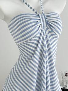 Elamini 女款灰色條紋休閒掛脖無袖上衣，百搭新款，適合春/秋季 - 藍白色 - 查看 5