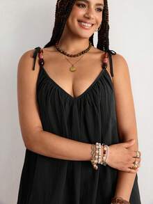 Freevana Plus Size Solid Color Cami Strap Vacation Casual Boho Dress Beach Vacation Black Summer - Black - View 7