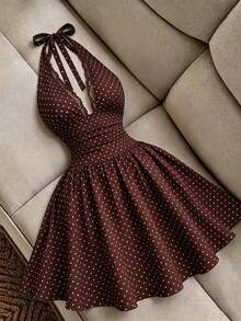 GlowEve Women's Halter Neck Sleeveless Waist-Cinching A-Line Short Dress, Bow Tie, Brown And White Polka Dot Pattern, Textured Fabric, Summer Elegant Holiday - Burgundy - View 11
